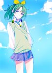  1girl arms_behind_back green_hair headphones midorikawa_nao precure skirt sky smile smile_precure! solo tima 