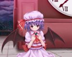  1girl ascot bat_wings brooch clock fang hat hat_ribbon jewelry lavender_hair lely light_smile looking_at_viewer mob_cap mountain railing red_eyes red_string remilia_scarlet ribbon roman_numerals short_hair skirt skirt_set solo string touhou twilight wings 