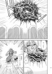  !! 1girl black_sclera breasts comic dress explosion highres monochrome muscle solo takaku_toshihiko test_tube tile_floor tiles torn_clothes touhou translation_request yagokoro_eirin 