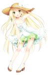  1girl :d absurdres ankle_lace-up arm_up bare_legs blonde_hair blush collarbone cross-laced_footwear dress etou_(cherry7) flat_chest green_eyes hair_ribbon hat hat_ribbon highres long_hair looking_at_viewer open_mouth original ribbon sandals smile solo sun_hat sundress tattoo 