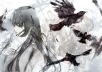  1girl abstract_background bare_shoulders bird black_eyes black_hair crow from_behind kiyohara_hiro lips long_hair looking_back muted_color original parted_lips profile solo topless zipper 