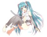  1girl barefoot blush bottomless breasts hatsune_miku long_hair looking_at_viewer miku_append open_mouth simple_background smile solo very_long_hair vocaloid vocaloid_append white_background yuukyuu_ponzu 