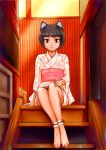  1girl alternate_costume animal_ears ankle_cuffs barefoot brown_eyes brown_hair cat_ears chen floral_print hand_on_knee hayachine interior japanese_clothes jewelry kimono looking_at_viewer obi pointing pointing_at_viewer short_hair single_earring sitting smile stairs touhou 
