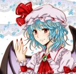  1girl ascot bat_wings blouse blue_hair brooch bust daisy fang fingernails flower hat hat_ribbon highres jewelry lace looking_at_viewer mob_cap nail_polish nekushiro open_hand outline raised_hand red_eyes remilia_scarlet ribbon short_hair short_sleeves simple_background smile solo touhou white_background wings wrist_cuffs 
