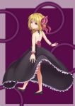  1girl :o alternate_costume bare_shoulders blonde_hair border dress flower hair_ribbon high_heels highres looking_at_viewer looking_over_shoulder max_(akaityou) open-back_dress outstretched_arms purple_background red_eyes ribbon rumia shoes short_hair solo spread_arms touhou walking wrist_cuffs 