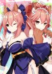  2girls :3 absurdres animal_ears apron bell bell_collar blue_legwear blue_ribbon breasts cat_hair_ornament cat_paws cleavage collar detached_sleeves fate/extra fate/grand_order fate_(series) fox_ears gloves hair_ornament highres hinaki_(aoi0410616) huge_filesize japanese_clothes jingle_bell large_breasts long_hair maid_headdress multiple_girls naked_apron one_eye_closed paw_gloves paws pink_hair ponytail red_ribbon ribbon tamamo_(fate)_(all) tamamo_cat_(fate) tamamo_no_mae_(fate) yellow_eyes 