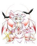  1girl ascot bat bat_wings bow character_name collarbone cross cup eyelashes fingernails flower full_moon goku_(acoloredpencil) hand_on_own_chest hat hat_ribbon highres looking_at_viewer moon nail_polish outline red_eyes remilia_scarlet ribbon sharp_fingernails short_hair short_sleeves smile solo teacup teapot touhou traditional_media white_background white_hair wings wink wrist_cuffs 