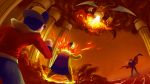  2boys aoiro_no_kaze blue_hair cape dragonite fangs fire flying from_behind gold_(pokemon) lance_(pokemon) multiple_boys pokemon pokemon_(creature) pokemon_(game) redhead typhlosion wings 
