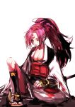  1girl baiken breasts cleavage guilty_gear long_hair purple_hair simple_background solo tima white_background 