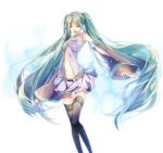  1girl belt closed_eyes detached_sleeves green_hair hatsune_miku long_hair navel open_mouth rituiti skirt solo thigh-highs twintails very_long_hair vocaloid 