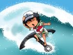  1girl anchor black_hair closed_eyes hat murasa_minamitsu onikobe_rin open_mouth sailor_collar sailor_hat short_hair shorts surfing touhou water waves 