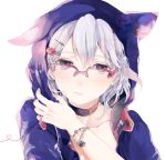  1girl brown_eyes cat_hood choker face glasses hair_ornament hairclip heart heart_of_string hood hoodie looking_at_viewer original red-framed_glasses red_string short_hair silver_hair simple_background sk solo string white_background 