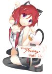  1girl animal_ears blush cat_ears cat_tail happy_birthday looking_at_viewer love_live!_school_idol_project nishikino_maki paw_pose redhead short_hair simple_background skirt solo tail thigh-highs violet_eyes white_background yuukyuu_ponzu 