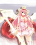  1girl absurdres blue_eyes blush breasts cleavage dire hairband halo haramura_nodoka highres large_breasts long_hair pink_hair polearm ribbon saki smile spear thigh-highs weapon wings 