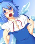  1girl angry blue_eyes blue_hair blush cirno hair_ribbon ice ice_wings open_clothes raised_eyebrow ribbon solo tears touhou wings zeku_(pixiv) 