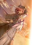  1girl alternate_costume animal_ears arm_up clouds futatsuki_hisame hand_on_hat hat holding mountain mystia_lorelei open_mouth pink_hair red_eyes short_hair sky solo staff touhou twilight veil wings 