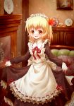 1girl aki_shizuha alternate_costume apron arinu black_dress blonde_hair blush couch cup cupboard curtsey dress enmaided hair_ornament highres light_particles long_sleeves maid maid_headdress open_mouth painting_(object) pillow plate smile solo teacup touhou vase yellow_eyes 