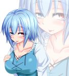  1girl :p blue_eyes blue_hair blush breasts collarbone hand_on_breast heterochromia highres large_breasts long_sleeves parmiria red_eyes short_hair simple_background solo tatara_kogasa tongue touhou white_background 