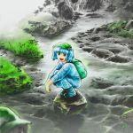  1girl :d backpack bag blue_hair boots brown_eyes grass hair_bobbles hair_ornament hat kawashiro_nitori nature open_mouth rock short_hair short_twintails smile solo squatting stream stufquin touhou twintails water 