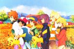  6+boys baseball_cap black_hair blonde_hair bou_erika brown_hair fingerless_gloves flower gloves hat hiroshi_(pokemon) jewelry jun_(pokemon) labcoat multiple_boys nature necklace ookido_shigeru pikachu pokemon pokemon_(anime) pokemon_(creature) purple_hair satoshi_(pokemon) scarf shinji_(pokemon) 