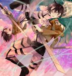  1boy 2boys ascot belt black_eyes black_hair boots cape dual_wielding eren_jaeger jacket multiple_boys nechi774 rivaille shingeki_no_kyojin solo sword thigh_strap weapon wire 