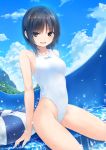  1girl aoyama_sumika black_hair clouds coffee-kizoku collarbone one-piece_swimsuit original short_hair swimsuit water water_slide white_swimsuit yellow_eyes 