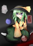  1girl blood blood_stain blue_eyes blush cleaver death green_hair hat highres komeiji_koishi komeiji_satori sakurano_asahi shaded_face sitting skirt smirk third_eye touhou translation_request yandere 