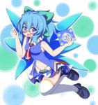  1girl alternate_costume blue_eyes blue_hair book cirno glasses hair_ribbon ice ice_wings oborotsuki_kakeru ponytail red-framed_glasses ribbon sleeveless solo thigh-highs touhou white_legwear wings 