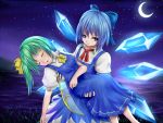  2girls :o blue_eyes blue_hair carrying cirno crescent_moon daiyousei dress fairy_wings grass green_hair lake leaning lely looking_at_viewer moon multiple_girls night night_sky princess_carry ribbon short_hair short_sleeves side_ponytail sky touhou unconscious wings 