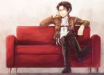  1boy ascot black_eyes black_hair boots couch crossed_legs jacket rivaille shingeki_no_kyojin shiyasari sitting solo thigh_strap 