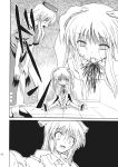  blood_from_mouth child comic corpse empty_eyes hands_on_knees highres kneeling long_hair monochrome reisen_udongein_inaba shaded_face shocked_eyes size_difference slit_throat surprised takaku_toshihiko tears touhou translation_request very_long_hair yagokoro_eirin 