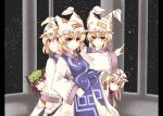  animal_ears blonde_hair breasts brown_hair cat_ears chen clone hat long_hair looking_at_viewer midori_(misuriru8) short_hair smile touhou yakumo_ran yakumo_yukari 