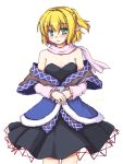  1girl arm_warmers bare_shoulders blonde_hair blush breasts cleavage dress gomi_(gomitin) green_eyes mizuhashi_parsee pointy_ears scarf short_hair simple_background solo touhou white_background 