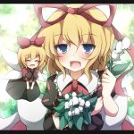  1girl blonde_hair blue_eyes bow closed_eyes fairy_wings flower hair_bow hair_ribbon letterboxed lily_of_the_valley medicine_melancholy multiple_girls open_mouth puffy_sleeves ribbon shirt short_sleeves skirt smile su-san taku10 touhou wings 