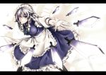  1girl apron blue_dress blue_eyes braid brooch clock dress gloves hair_ribbon highres izayoi-saki izayoi_sakuya jewelry knife letterboxed maid maid_headdress outstretched_arm puffy_sleeves ribbon short_sleeves silver_hair solo throwing_knife touhou twin_braids waist_apron white_gloves 