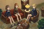  3girls blonde_hair brown_hair cecilia_e_harris chair charlotte_e_yeager coffee couch crossed_legs cup doughnut highres kanokoga lamp marian_e_carl military military_uniform multiple_girls plant plate shoes sitting strike_witches table teacup uniform 