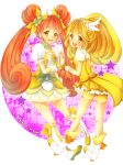  2girls bike_shorts blonde_hair blush boots bow brown_eyes brown_hair choker color_connection cure_peace cure_rosetta dokidoki!_precure double_bun dress flower hair_flower hair_ornament hair_ribbon hands_together highres kise_yayoi long_hair magical_girl multiple_girls precure purple_background ribbon shorts_under_skirt skirt smile star starry_background title_drop totogami_toto twintails yellow_dress yellow_eyes yotsuba_alice 