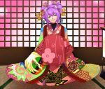  amane_nishiki androgynous blazblue blue_eyes eyeshadow hair_ornament japanese_clothes jerun karaginu_mo kimono makeup male multilayer_kimono purple_hair sitting smile solo tatami trap 