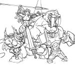 1girl 2boys amazon_(dragon&#039;s_crown) armor battle_axe bikini_armor dragon&#039;s_crown dwarf_(dragon&#039;s_crown) fighter_(dragon&#039;s_crown) full_armor golden_axe halberd helmet horned_helmet matsu-sensei monochrome multiple_boys muscle parody polearm sabretooth_tiger shield sketch sword weapon winged_helmet 