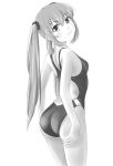  ass competition_swimsuit from_behind long_hair looking_back monochrome one-piece_swimsuit original smile swimsuit tk4 twintails 