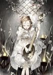  1girl blonde_hair candle closed_eyes flower gloves hair_ornament inpells instrument open_mouth original short_hair singing sitting solo 