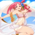  1girl anklet armpits bare_legs barefoot bracelet dancer dancing flower hair_flower hair_ornament harem_outfit jerun jewelry lei long_hair magi_the_labyrinth_of_magic midriff morgiana navel necklace red_eyes redhead side_ponytail solo veil 