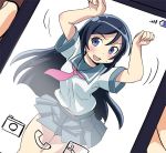  aragaki_ayase black_hair blue_eyes blush caramelldansen cellphone cellphone_picture commentary_request kubota phone posing school_uniform serafuku skirt 