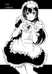  1girl absurdres apron blush character_name dress heart heart_hands highres kanna_kanaki long_hair looking_at_viewer love_live!_school_idol_project maid maid_headdress monochrome open_mouth ribbon solo sonoda_umi standing sweatdrop 