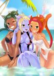  3girls :d animal_ears aqua_eyes bare_shoulders bikini blue_skin breasts cleavage collarbone final_fantasy final_fantasy_xi final_fantasy_xiv green_eyes green_hair grin kemonomimi_mode looking_at_viewer miqo&#039;te missnips mithra multiple_girls navel open_mouth partially_submerged redhead smile swimsuit tan teeth v water wink yellow_eyes yuniko_moontail 