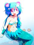  1girl aqua_hair blush clam collarbone hair_ornament highres jewelry long_hair mermaid monster_girl mound_of_venus muromi-san namiuchigiwa_no_muromi-san navel necklace open_mouth pearl red_eyes seashell shell sitting solo starfish sw twintails very_long_hair 