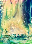  blonde_hair closed_eyes dress flower forest hair_flower hair_ornament itamidome lying nature on_back original partially_submerged plant sleeping vines water 