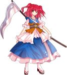  1girl alphes_(style) dairi dress female full_body geta hair_bobbles hair_ornament looking_at_viewer onozuka_komachi parody red_eyes redhead sandals scythe short_hair simple_background solo style_parody touhou twintails white_background 