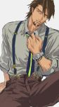  1boy adjusting_tie brown_hair facial_hair kaburagi_t_kotetsu male necktie sitting solo stubble suho-i47 suspenders tiger_&amp;_bunny watch watch 