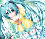  1girl aqua_eyes aqua_hair arms_behind_back breasts cleavage frilled_skirt hatsune_miku jewelry kneeling long_hair necklace nohoho_(kakikonchi) smile solo striped striped_legwear twintails vocaloid 